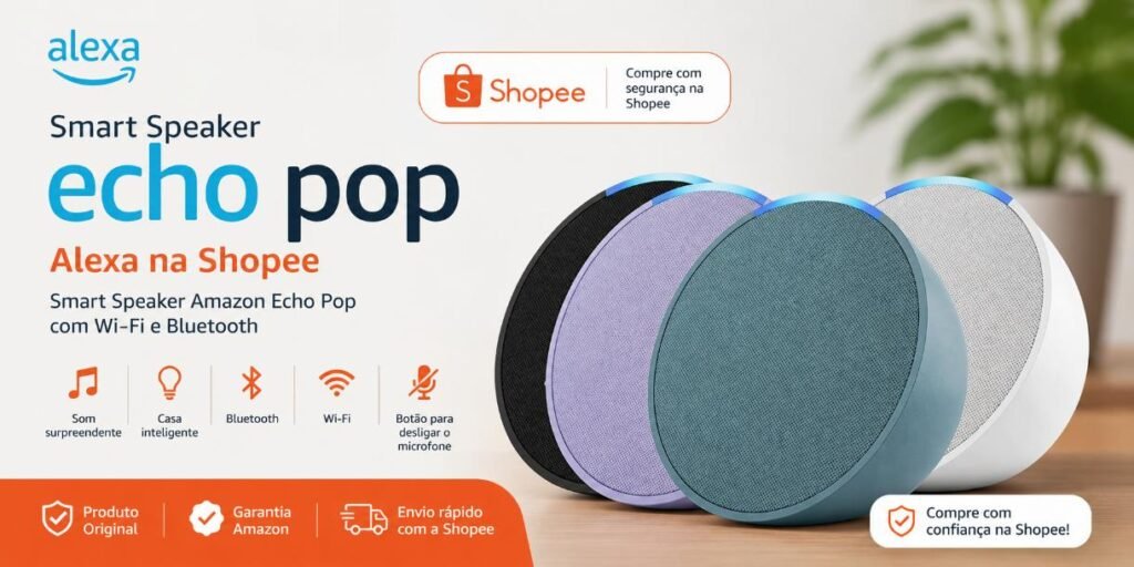Texto alternativo (Alt text):*
Amazon Echo Pop Smart Speaker com Wi-Fi e Bluetooth disponível na Shopee