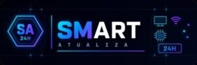 Banner futurista com design tecnológico neon em azul e roxo, exibindo logo hexagonal “SA 24H”, texto “SMART ATUALIZA” e ícones de tecnologia como monitor, Wi-Fi e chip eletrônico sobre fundo escuro com detalhes de circuito digital.