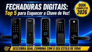 Banner tecnológico mostrando cinco fechaduras digitais modernas lado a lado em fundo azul neon com destaque para guia completo 2026 sobre fechaduras inteligentes.