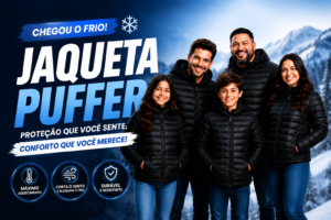 Família vestindo jaquetas Puffer pretas em ambiente de inverno com neve, mostrando conforto, proteção e estilo para todas as idades.