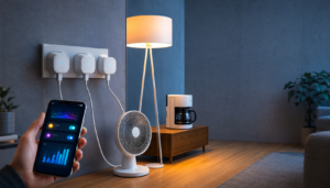 Casa inteligente moderna com três tomadas smart conectadas a luminária, ventilador e cafeteira, controladas por aplicativo em smartphone em ambiente residencial contemporâneo.