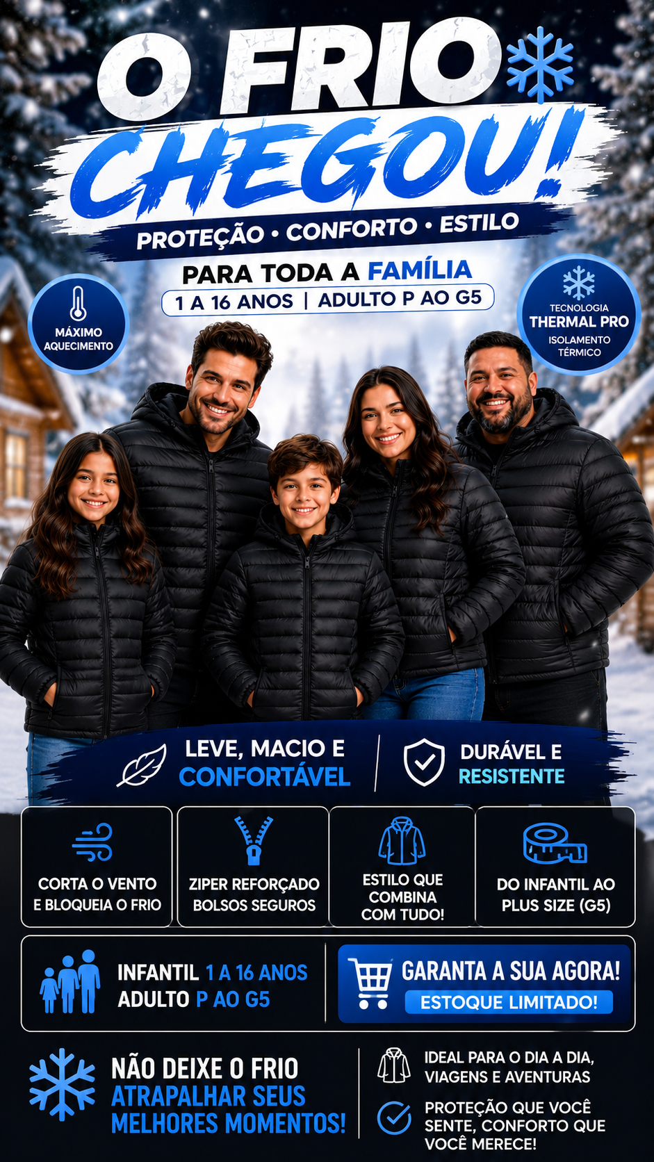 Jaqueta Puffer Unissex e Infantil – Família com Proteção Thermal Pro