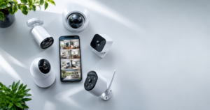 Cinco câmeras de segurança Wi-Fi modernas dispostas ao redor de um smartphone exibindo monitoramento residencial inteligente em uma superfície branca minimalista.